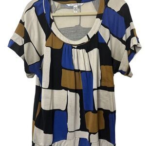 Diane Von Furstenberg Silk Blouse Size 8 Blue/Brown Colorblock Scoop Neck